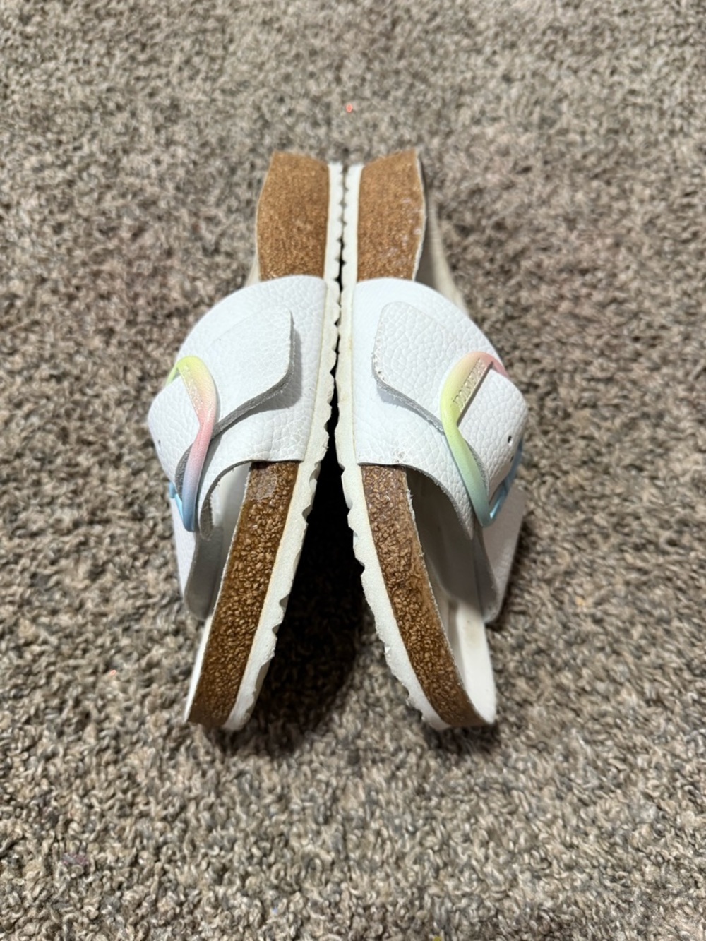 Birkenstock White Slide Sandals with Pastel Ombre Buckles - Picture 5 of 6